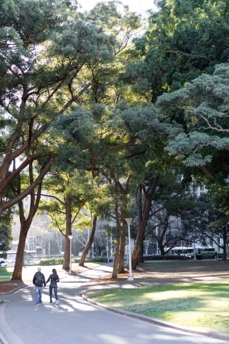 Couple holding hands walking along path in Hyde Park, Sydney - Australian Stock Image