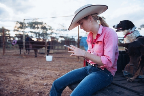 Cowgirl and dog sitting near horses in yard - Australian Stock Image