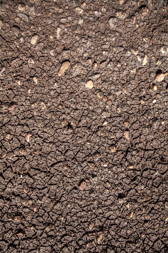 Cracked mud over stones on dried creek bed - Australian Stock Image