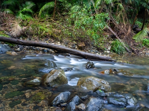 Creek with water flowing and riverbank - Australian Stock Image