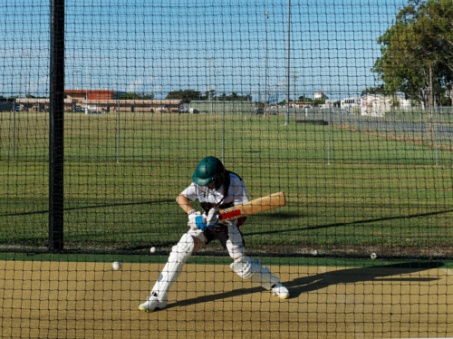 Cricket training and practice in the nets for left handed female cricket player - Australian Stock Image