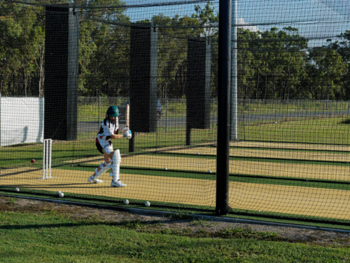 Cricket training and practice in the nets for left handed female cricket player - Australian Stock Image