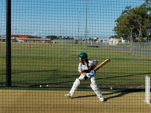Cricket training and practice in the nets for left handed female cricket player - Australian Stock Image