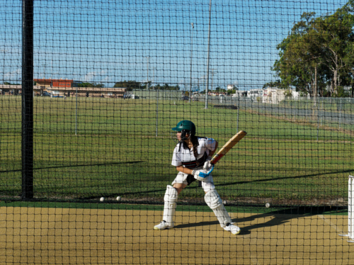 Cricket training and practice in the nets for young left handed female cricket player - Australian Stock Image