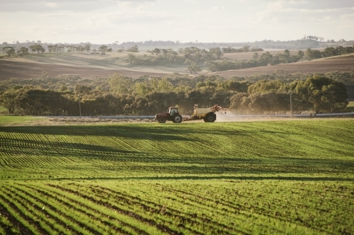 Crop spraying on a farm in the Avon Valley in Western Australia - Australian Stock Image