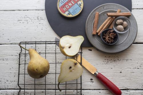Cut pears on wire cooling rack