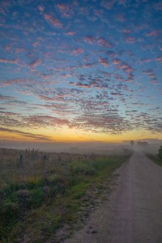 Dawn, a country road and a colourful early morning sky - Australian Stock Image