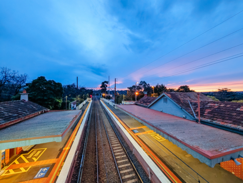 Dawn view at Ivanhoe train station in Melbourne, Victoria - Australian Stock Image