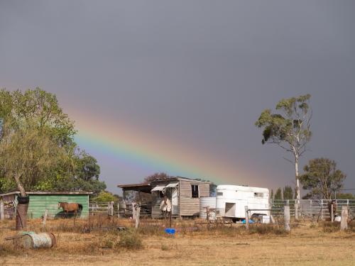 Dilapidated building with horses, rainbow and stormy sky - Australian Stock Image