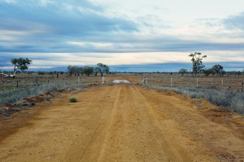 Dirt road leading over cattle grid onto remote property - Australian Stock Image