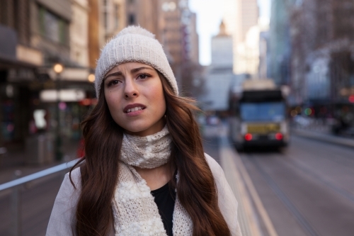 Disappointed woman, having missed the Tram - Australian Stock Image