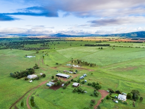 Distant homestead and other farm buildings in green home paddock - Australian Stock Image