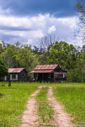 Disused wooden homestead surrounded by grazing field and dramatic stormy sky - Australian Stock Image