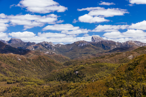 Donaghys Hill walk with Frenchmans Cap in the distance in Franklin-Gordon Wild Rivers National Park - Australian Stock Image