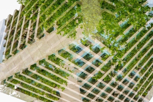 Double art image of office building and trees - Australian Stock Image