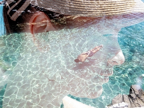 Double exposure photo of Man Swimming and Woman with hat - Australian Stock Image