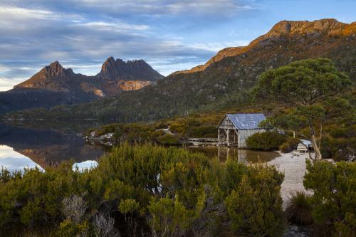 Dove Lake boatshed and Cradle Mountain - Australian Stock Image