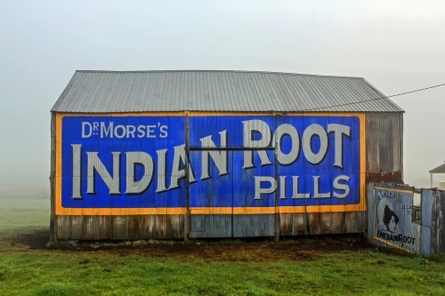 Dr Morse's Indian Root Pills sign on old shed - Australian Stock Image