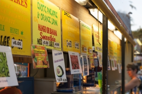 Drink stall at beach market in tropical location - Australian Stock Image