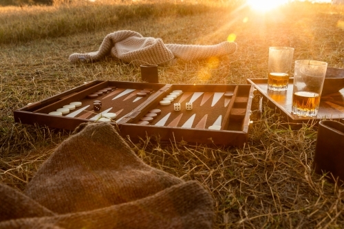 Drinks and a game of backgammon on the grass in the afternoon sun - Australian Stock Image