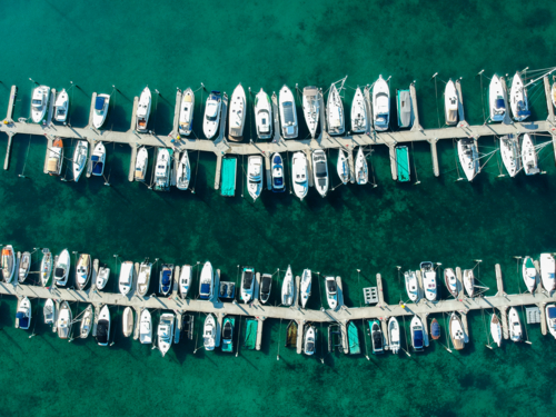 Drone image of boats and yachts in marina boat club - Australian Stock Image