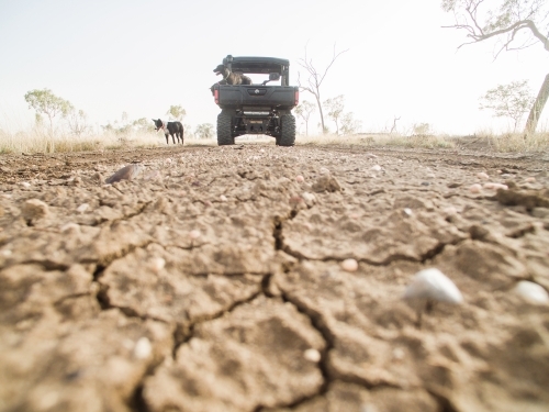 Drought Cracked Ground with Buggy in background