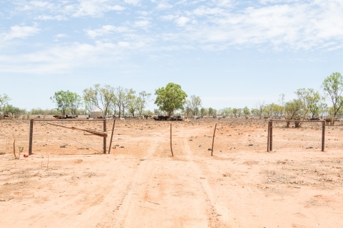 Dry, dusty outback Queensland cattle station fence - Australian Stock Image