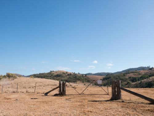 Dry summer countryside with brown grass and clear blue sky