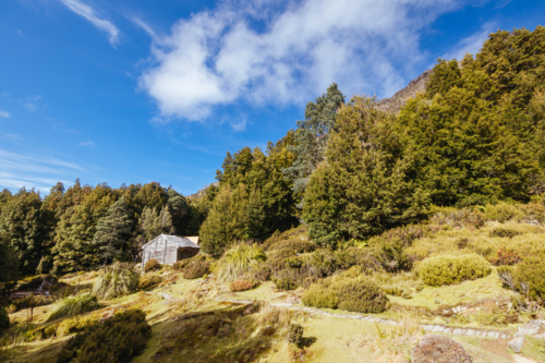Du Cain Hut built by Patrick Joseph ‘Paddy’ Hartnett on the Overland Track - Australian Stock Image