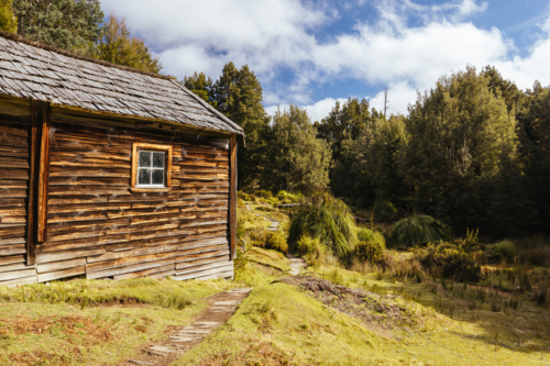 Du Cain Hut built by Patrick Joseph ‘Paddy’ Hartnett on the Overland Track - Australian Stock Image