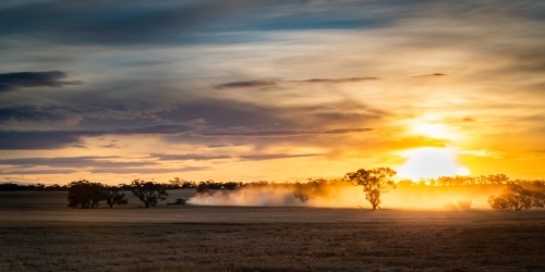 Dust from harvester flies into the air as the sun sets over the vast farming land