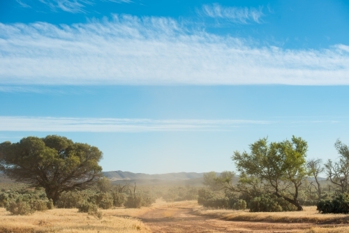 Dust rising on an unsealed road in the foreground of the Flinders Ranges - Australian Stock Image