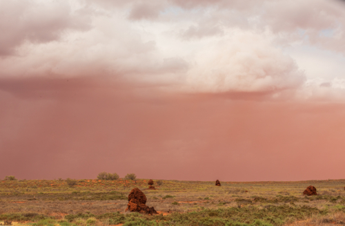 Dust storm form Cyclone Sean, above termite mounds in Pilbara - Australian Stock Image