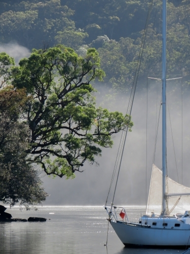 Early morning mist rising off water, with a moored yacht