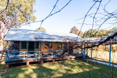 Eco friendly cabins in hills - Australian Stock Image