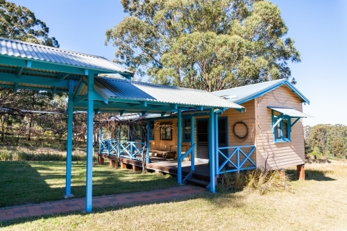 Eco friendly cabins in hills - Australian Stock Image