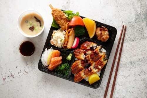 Eel bento with miso - Australian Stock Image