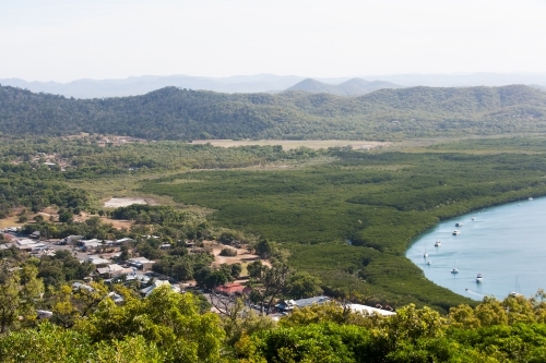Elevated view of a tropical coastal town - Australian Stock Image
