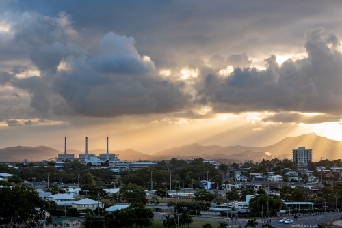 Elevated view of power station and Mount Larcom from South Gladstone at sunset
