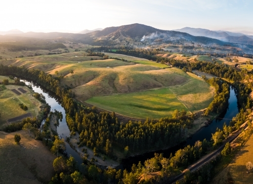 Elevated view of rural agricultural land and waterways - Australian Stock Image