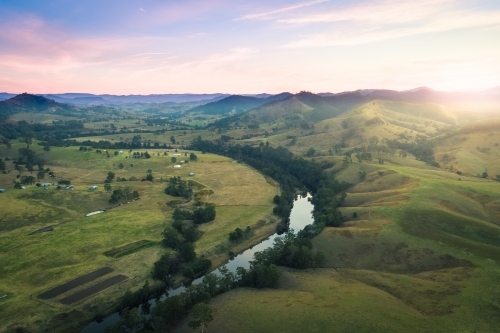 Elevated view of rural agricultural land and waterways - Australian Stock Image