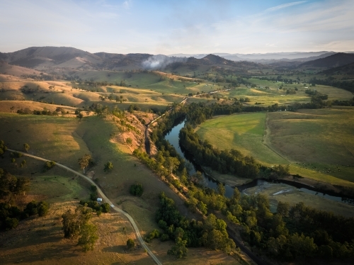Elevated view of rural agricultural land and waterways - Australian Stock Image