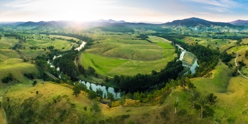 Elevated view of rural agricultural land and waterways - Australian Stock Image