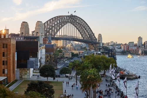 Elevated view of Sydney Harbour Bridge and The Rocks on dusk - Australian Stock Image