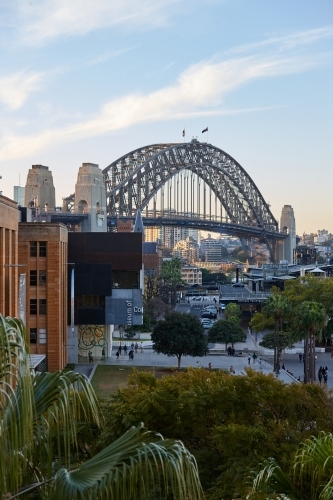 Elevated view of Sydney Harbour Bridge and The Rocks on dusk - Australian Stock Image