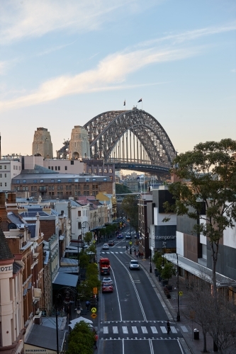 Elevated view of Sydney Harbour Bridge and The Rocks on dusk - Australian Stock Image