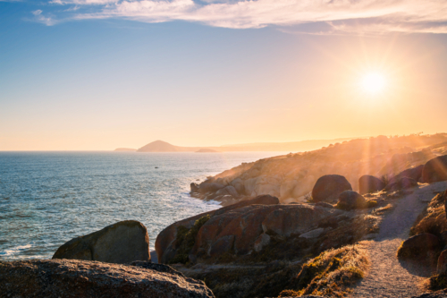Encounter Bay coastline viewed from Granite Island at sunset, South Australia - Australian Stock Image