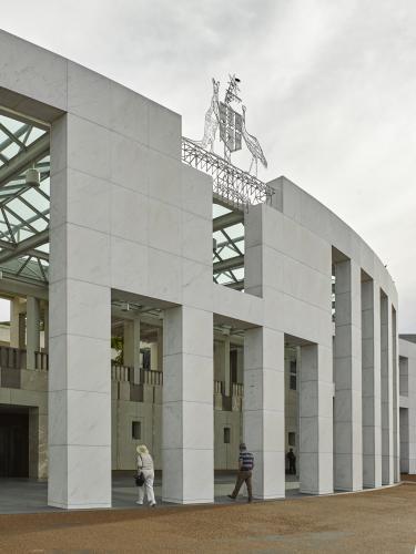 Entrance to Parliament House on overcast day