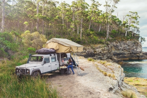 epic campsite on a ledge by the ocean, Bruny Island, Tasmania