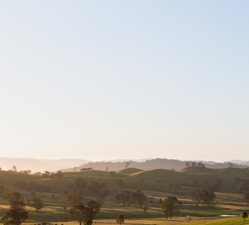 Evening light over undulating high country landscape - Australian Stock Image
